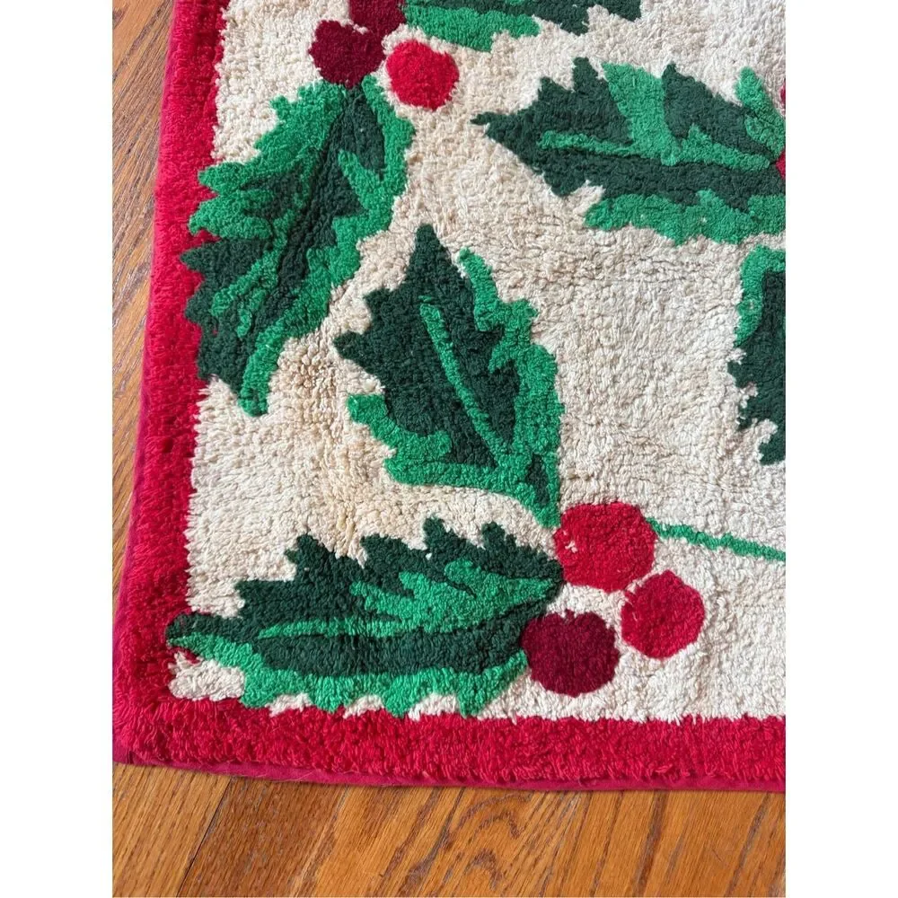 Vintage St. Nicholas Square Holly Berry Area Rug Christmas EUC